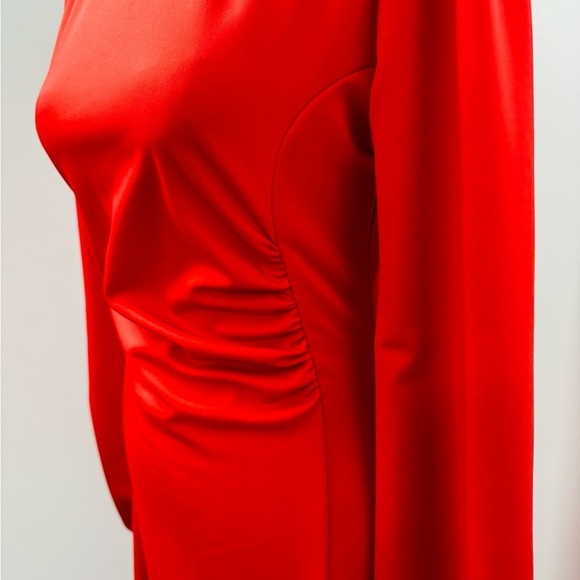 Women's Front Drape Slant Sheath Dress Pull On Long Sleeve Round Neck Maxi Red M - Picture 3 of 9